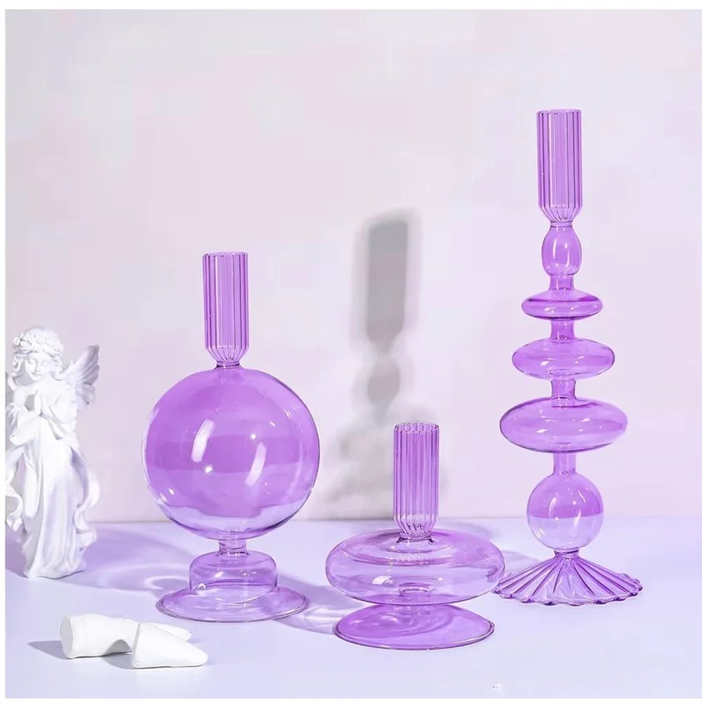 NEW Purple 3 Pcs Glass Candlestick Glass Taper Candle Holders